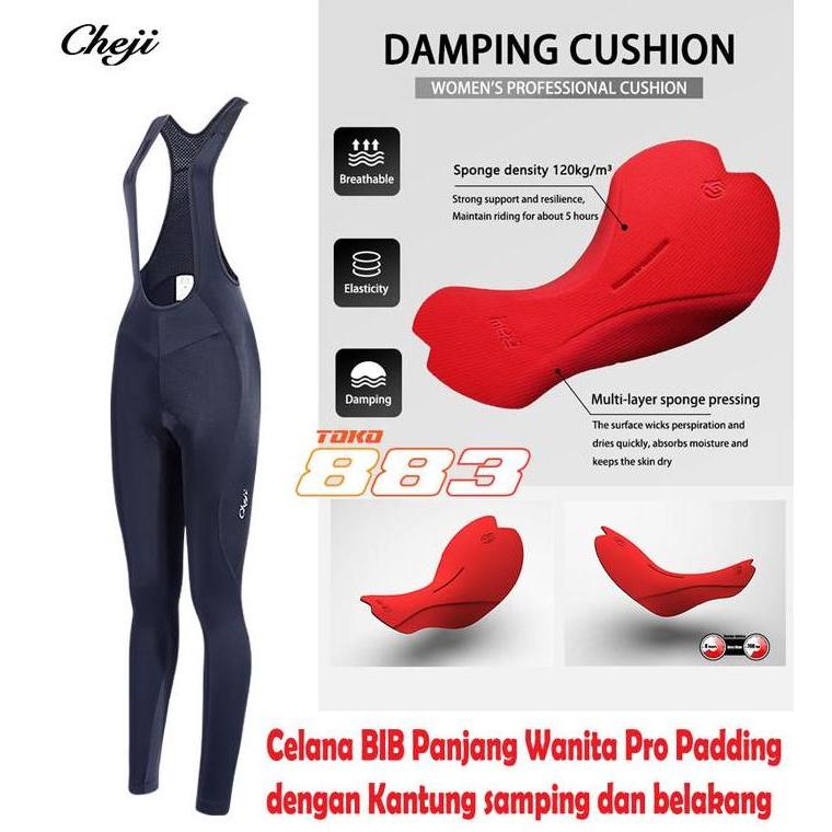 CHEJI Celana Sepeda BIB Panjang Wanita Kantong - Pro Padding - Phillo