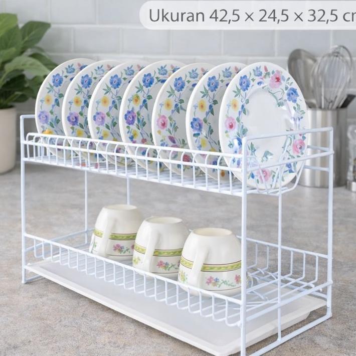 Rak Piring & Gelas Kecil 2 Susun + Tray | Rak Piring Besi Dapur Minimalis | 42,524,532,5 Cm