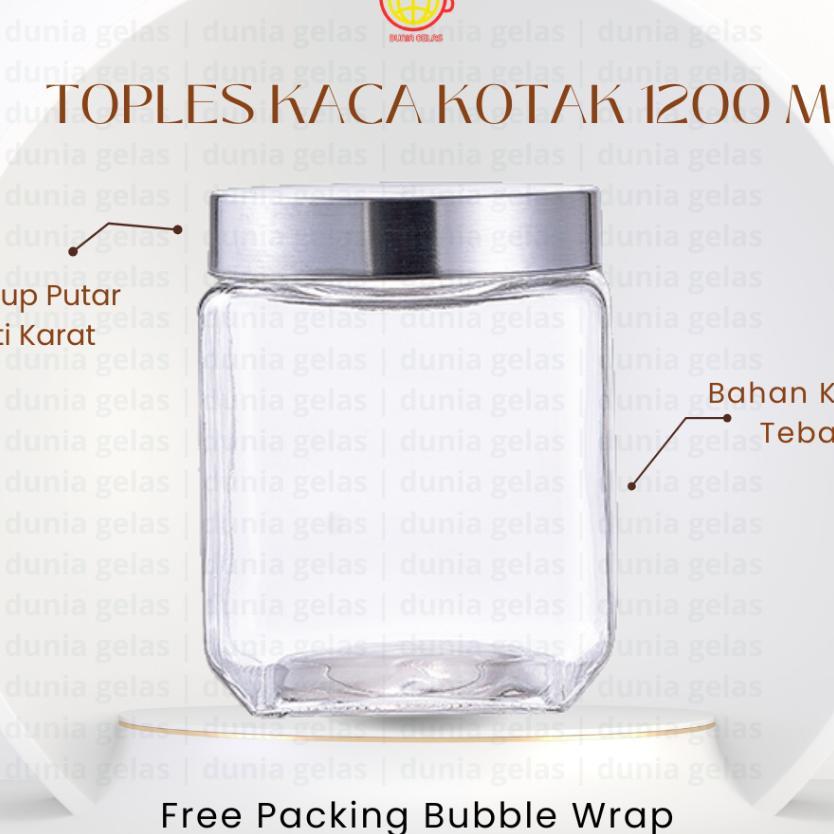 Toples Kaca Kotak 1200 Ml/Toples Kacang/Toples Kaca 1,2 Liter/Toples Nastar/Toples Lebaran/Hampers L