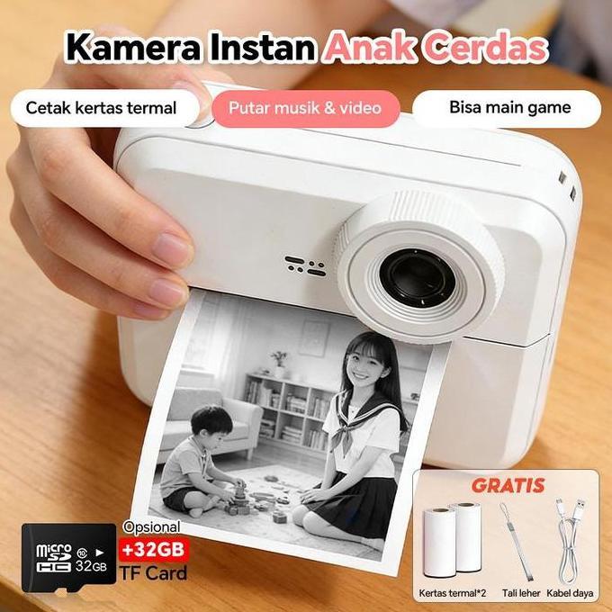 Kamera Cetak Instan Polaroid Anak Mini Thermal Printer Hadiah Kamera Pintar Foto Kamera Putih Vintag