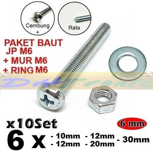 10 Set Baut Mur Ring M6 6mm ( JP M6 ) Baut Obeng Plus M6 + Mur + Ring