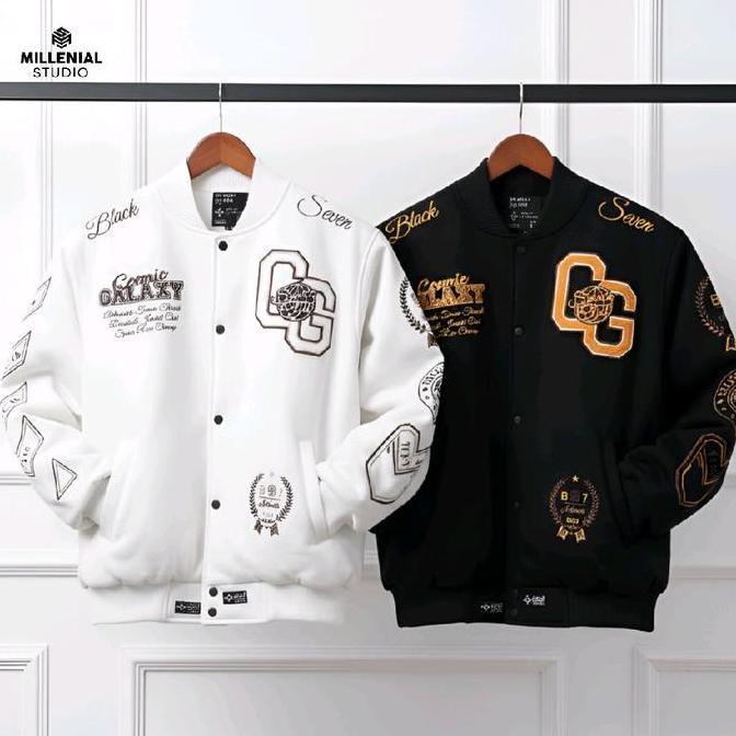 PREMIUM / Varsity Jacket Cosmic Galaxy Full White & Blackseven | Jaket Bordir Couple Pria Wanita Cot