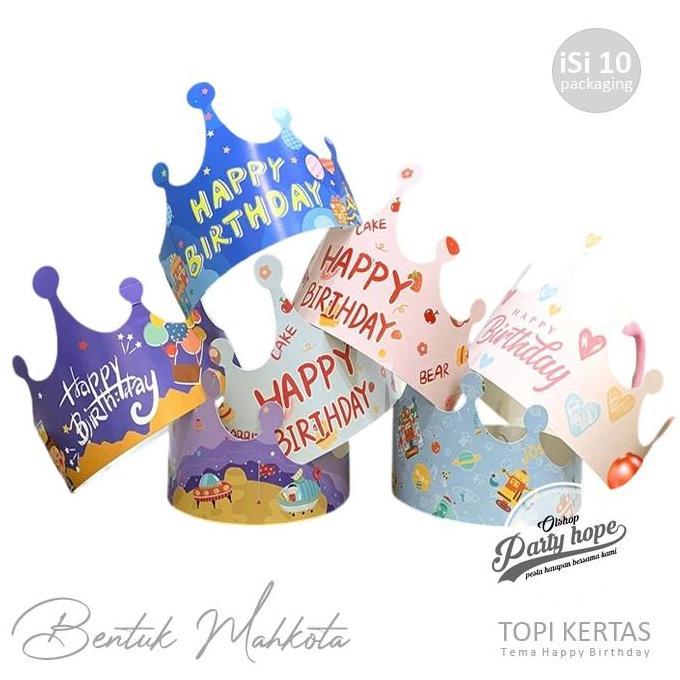INDA isi 10 Topi HBD Kertas Mahkota / Topi Ulang Tahun Mahkota Kertas / Topi Ultah Mahkota Motif HBD