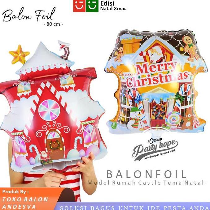 INDA Balon foil natal rumah castle jumbo / balon rumah candy / balon pesta tema natal jumbo / balon 