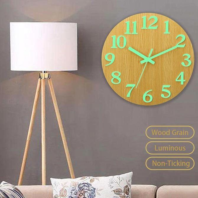 Jam Dinding Glow In Dark Fosfor Nyala Gelap Jam Dinding Motif Kayu