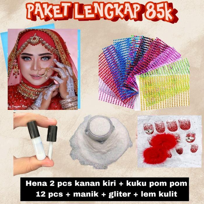 PAKET LENGKAP WEDDING 2 PCS HENA + KUKU POMPOM + LEM + MANIK + GLITER Henna ( untuk tangan sedang ) 