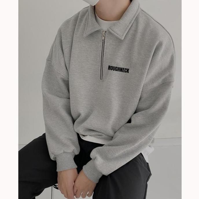 PREMIUM / Sweater Zipper Roughneck Font Teks Hitam  Pria Wanita / Crewneck Half Zip Korean Style / S