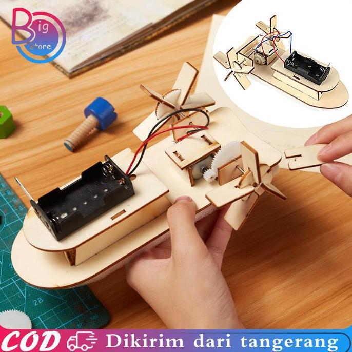 GABRIESEN Kapal Mainan Anak Diy Mainan Kapal Rakit Elektrik Puzzle Kapal Kayu Elektrik