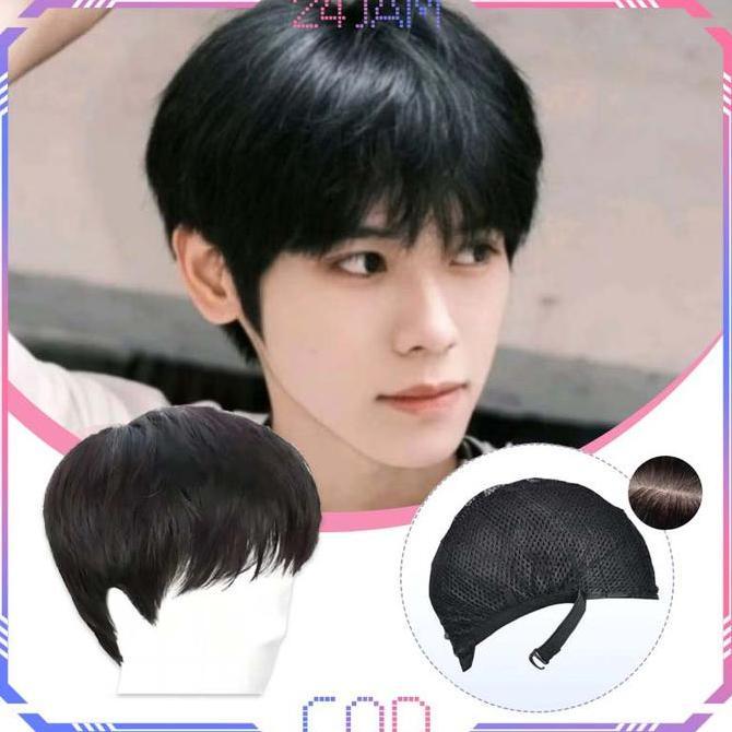 Welnew- Rambut W Pria Rambut Palsu Pria Pendek W Cowok Belah Tengah Wik Rambut Pria