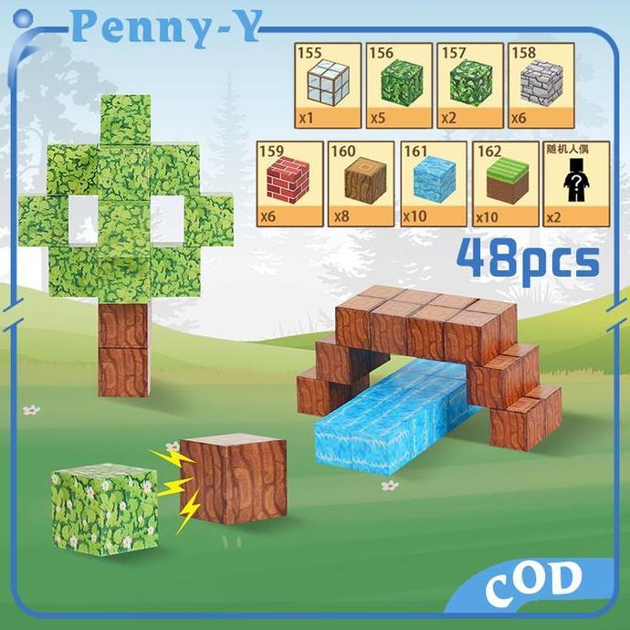 PODAMANS 48pcs Magnetic Block Minecraft Magnetic Building Blocks Mainan Minecraft Magnetic Blocks