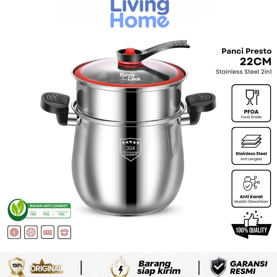 Living Home-Panci Presto 22CM Stainless SUS304 Pressure Cooker 4L Premium Anti Lengket