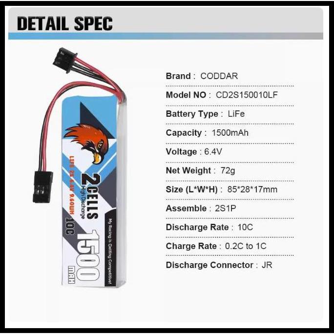 Coddar  2S 1500Mah 6.4V Life 10C  Sanwa M12-Rs  Mt46 Jr Terbaru
