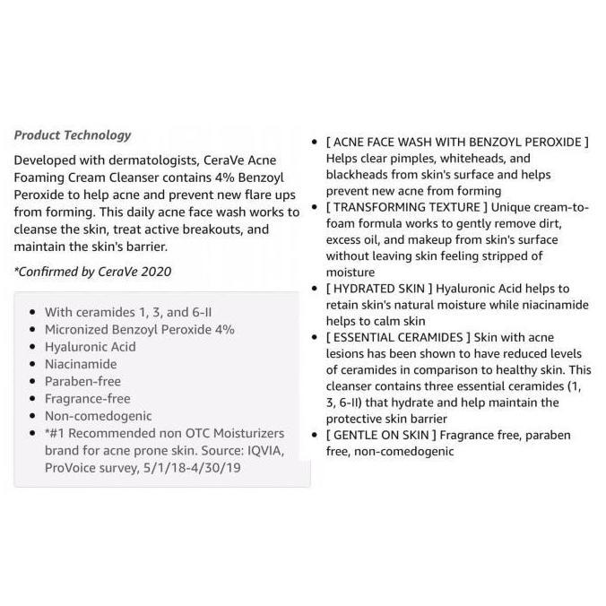 Cerave Acne Foaming Cream Cleanser with Benzoyl Peroxide & Niacinamide ori