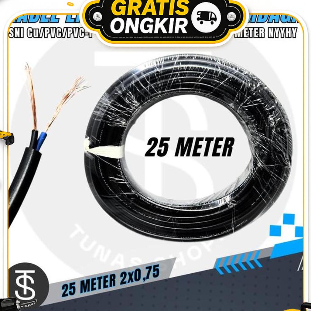Kabel Listrik Serabut 25 Meter / Kabel Serabut Tembaga Fleksibel 2X0.75 / Kabel Serabut Nyyhy / Kabe