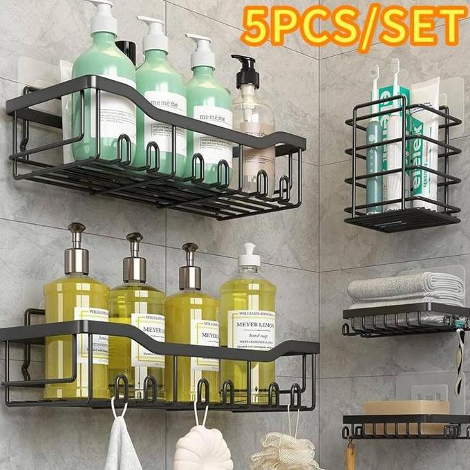 SHANBIU [5PCS] Rak Gantung Persegi Tempel Dinding Kamar Mandi / Rak Besi Gantung Jumbo Tempel Dindin