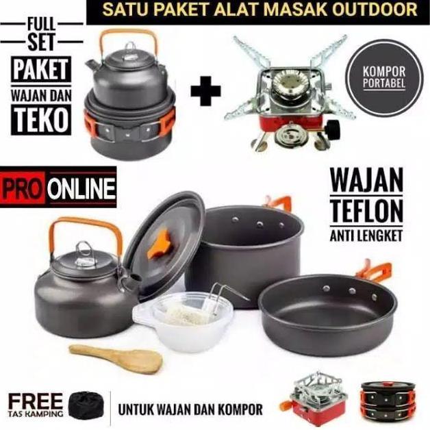 Terbaik Cooking Set Plus Teko/Ceret Wajan Dan Kompor Portable DS308 & Camping Stove K202 Nesting Out