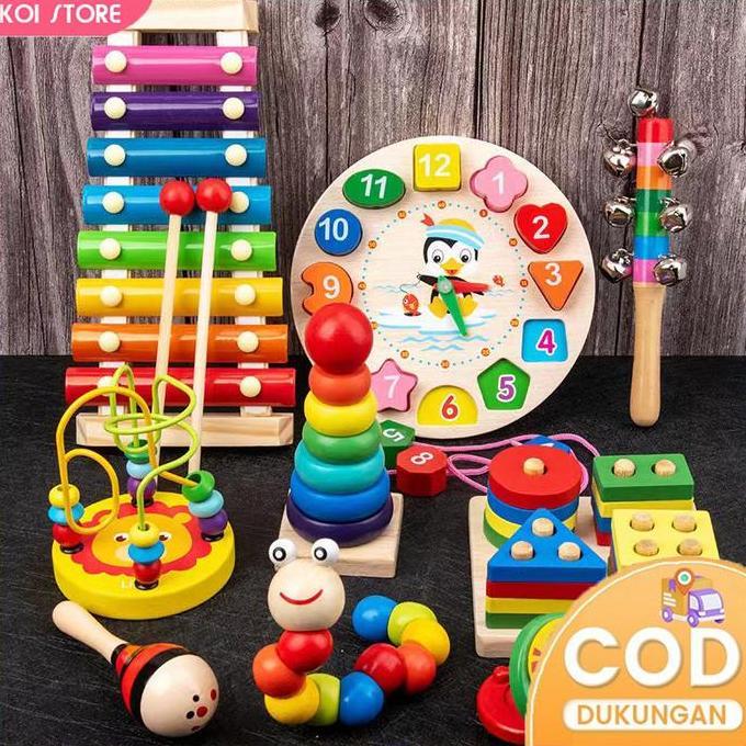 Sensorik pendidikan Jam bola Mini Puzzle 3d Bentuk Geometris Gambang Mainan anak-anak