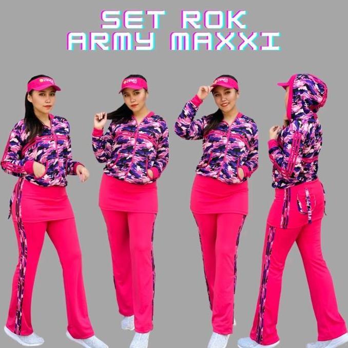 Stelan Baju Senam Aerobik Zumba Olahraga Panjang Muslim Hijab Army Rok Pink Setelan Seragam Atasan T