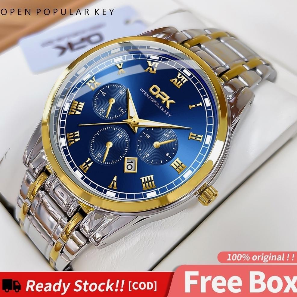 OPK Jam Tangan Pria Anti Air Original Stainless Steel Rantai Cowok Kalender Analog Keren Tahan Lumin