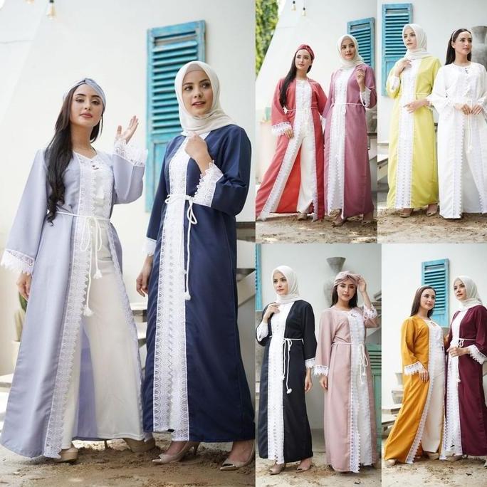Arafah Outer Wanita Muslim Hijabers Lengan Panjang Motif Polos Bordir Free Tali