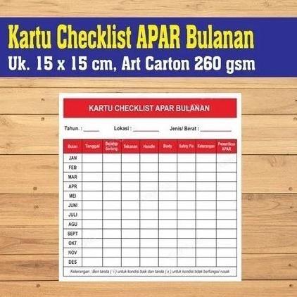 Kartu Checklist l Ceklis APAR Bulanan Uk. 15 x 15 CM