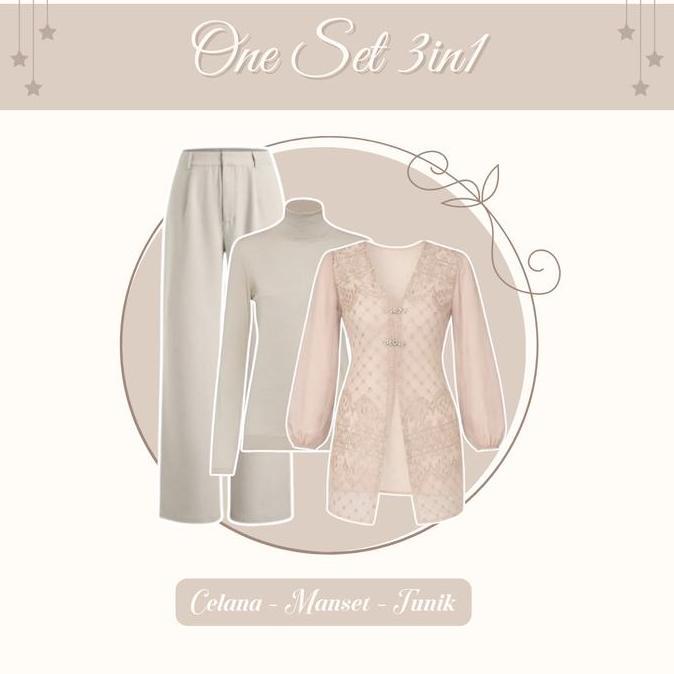 Set Raya Kekinian Terbaru 4in1 (Tunik Brokat - Manset Khaki - Celana Kulot - Jilbab) OOTD Setelan Re