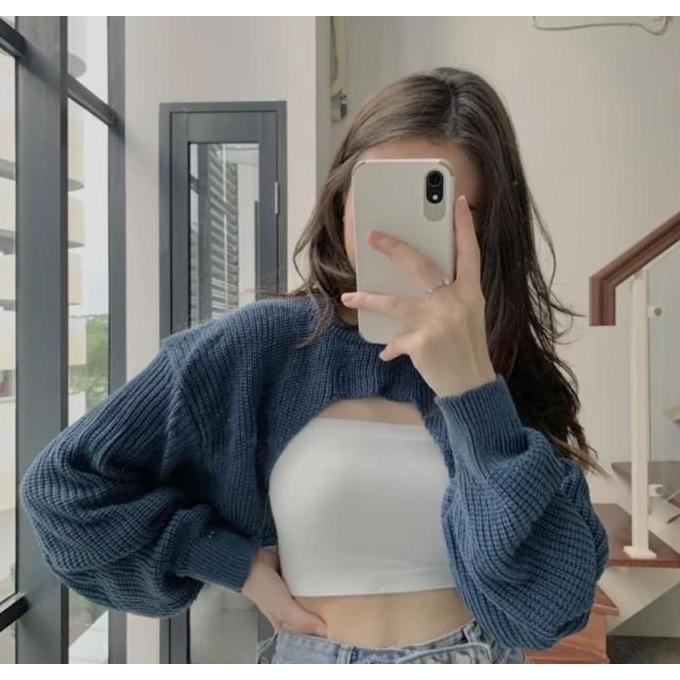 Toply Shop Cardigan Crop Lengan Balon Rajut Tebal  / Outer Wanita Rajut Kekinian