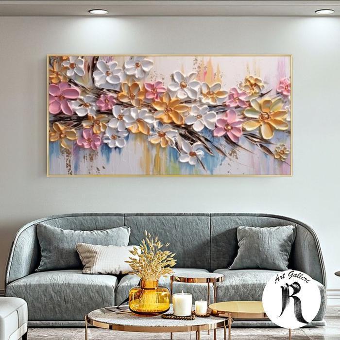 lukisan kanvas bunga teksture timbul - lukisan bunga timbul tebal