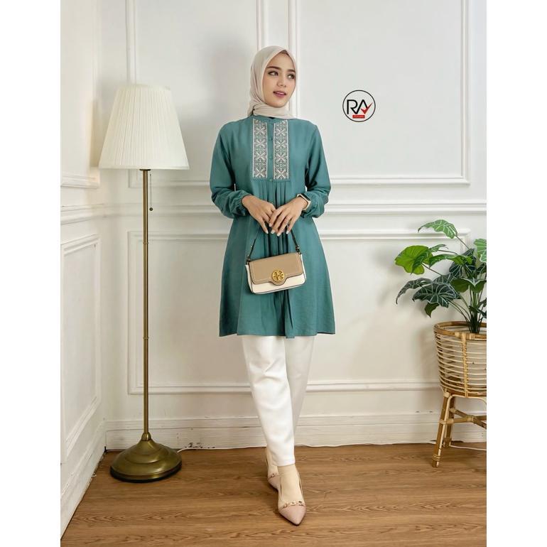 big promo [ra fashion] tunic diva- tunik wanita polos bordir linen crinkle premium