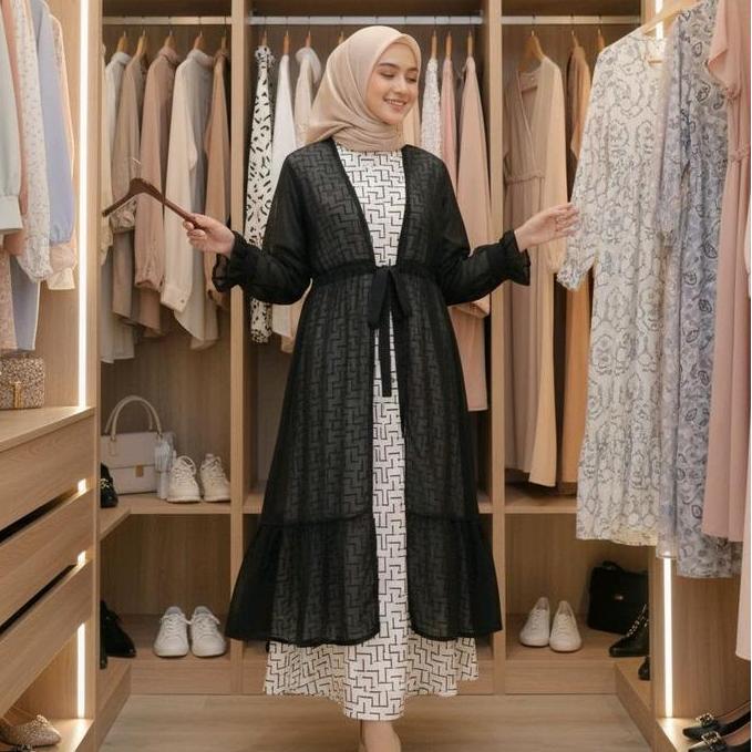 Naykamila Outer Tunik Ceruty Serut Pinggang Lengan Panjang Polos Bahan Ceruty Babydoll Motif Cardiga