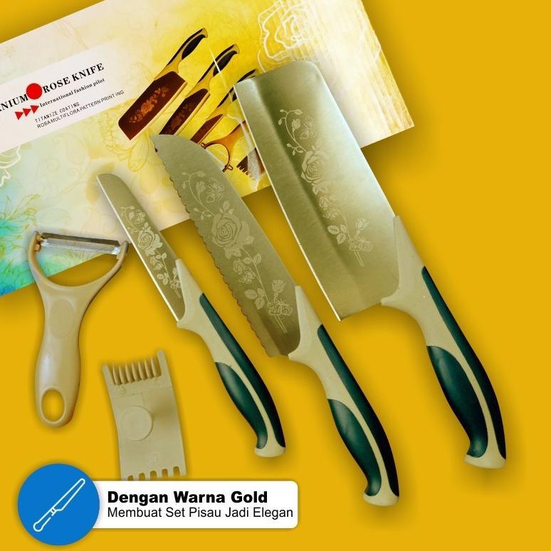 PROMO Pisau Set 5-in-1 Gold Motif Bunga Stainless Steel Tajam / PISAU SET GOLD / PISAU