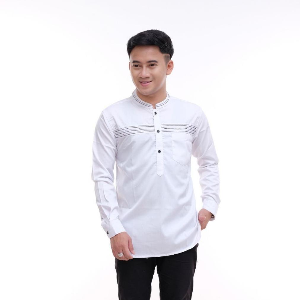 Premium Baju Koko Pria Lengan Panjang Original Hilwa Motif Qynang Warna Putih Kombinasikoko Qynang -