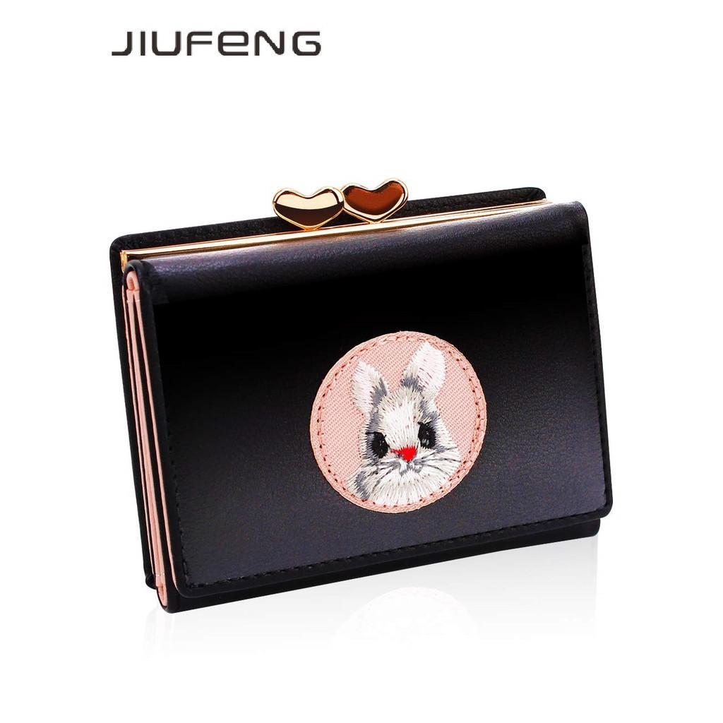 Jiufeng Dompet Pendek Wanita Dompet Serbaguna Hewan Bordir Billfold Pemegang Kartu Kredit