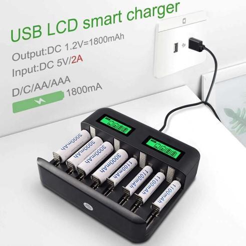 Charger Baterai 8 Slot Layar Indikator Lcd Aa Aaa D + Baterai Aa New