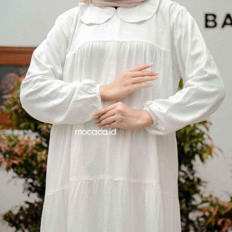 Midi Dress Susun Kerah Renda Katun Rayon Twill Premium Hitam Putih Babydoll Long Tunik Babyblue Spes