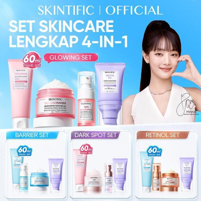 [SKINTIFIC 1 set lengkap] 4pcs skincare : 60ml facial wash + moistuirizer + serum + sunscreens, skin