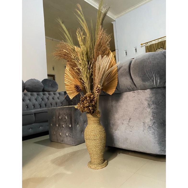 Paket Lengkap Bunga Dan Pot | Daun Palem Kering | Bunga Kering | Pampas | Rayung | Dekorasi Rustic |