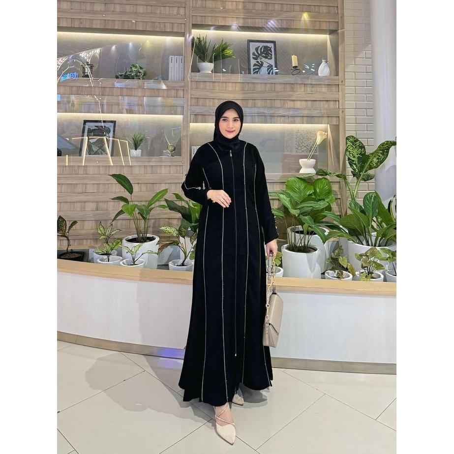 Wxwxw- Galeri Sicantik - Cod - Gamis Abaya Hitam Polos Tangan Kancing Full Resleting Kombinasi Payet