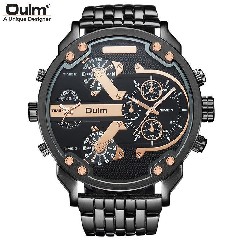 Oulm 2022- Klasik Keren Kasual Jam Tangan Pria Besar Dial Ganda Zona Waktu Sabuk Paduan Jam Tangan K