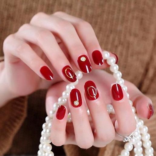 Neiru- Kuku Palsu Plus Lem Nail Art Wedding Kuku Palsu Merah Maroon Gold Mas Polish