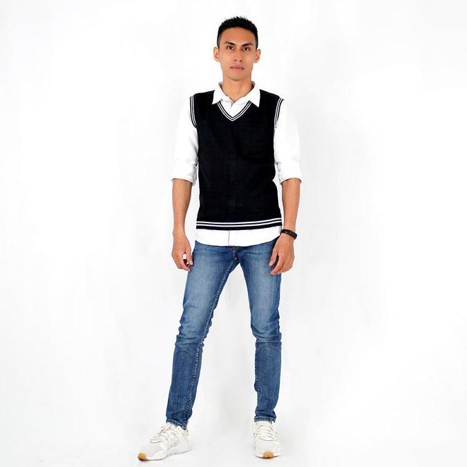 Okechuku Rompi Rajut Pria Vest Rajut Pria KREM LIST PUTIH Vest Pria KC