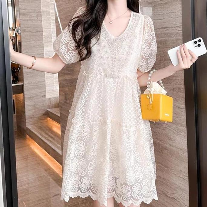 Dress Melvina Beaded TM 51701 Collar Embroidered babydoll original merek Three M baju gaun mini wani