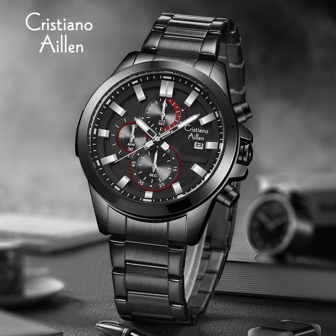 Terlaris Cristiano Aillen Jam Tangan Pria Analog 8892 Rantai Stainless Steel Chronograph Kaca Sapphi