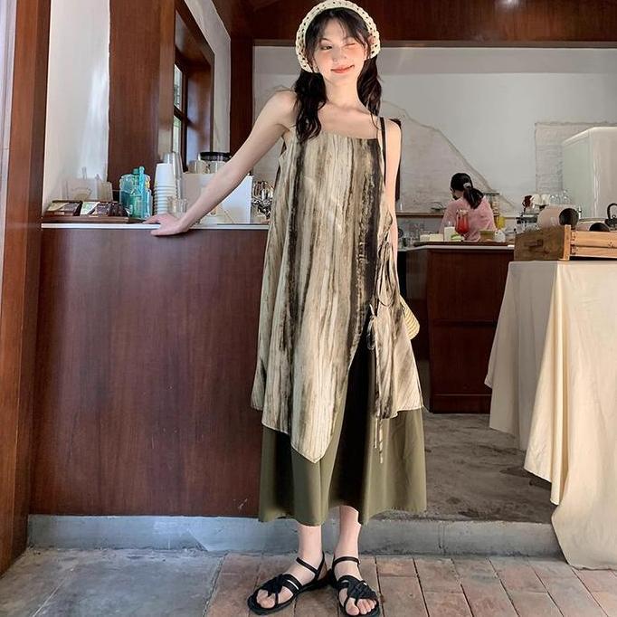 Moria Qz267 Tanktop Dress Panjang Bali Daster Retro Style Tie Dye Low Collar Suspender Dress Elegant