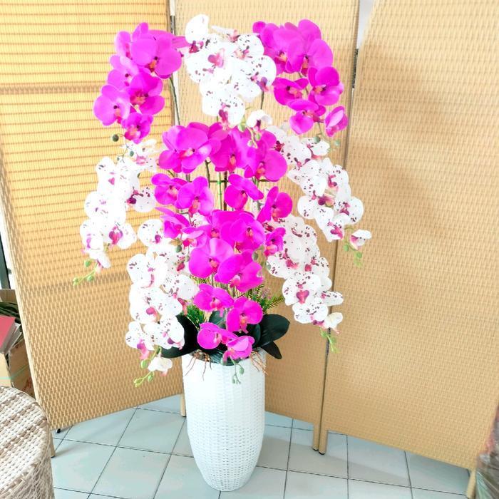 BUNGA ANGGREK LATEX SUDUT POT ROTAN ARTIFICIAL DEKORASI HIAS