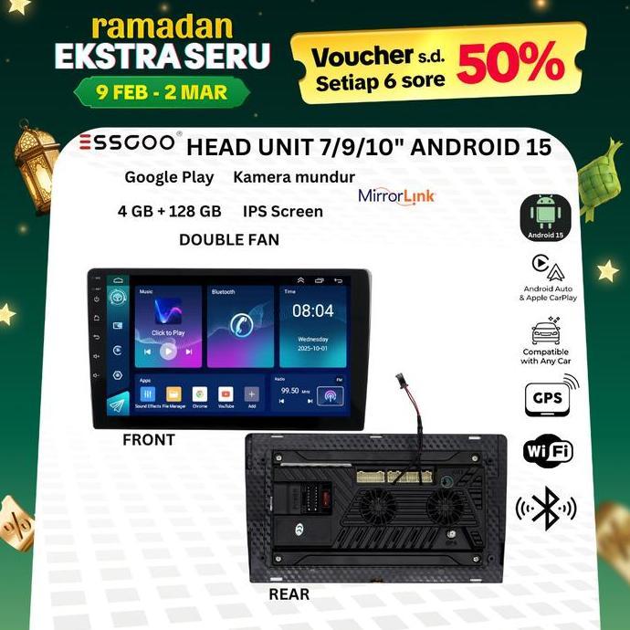 ESSGOO HEAD UNIT ANDROID 15 MOBIL 4G+128G 7/9/10 INCH DOUBLE COOLING FAN KONTROL SUHU CERDAS IPS LAY