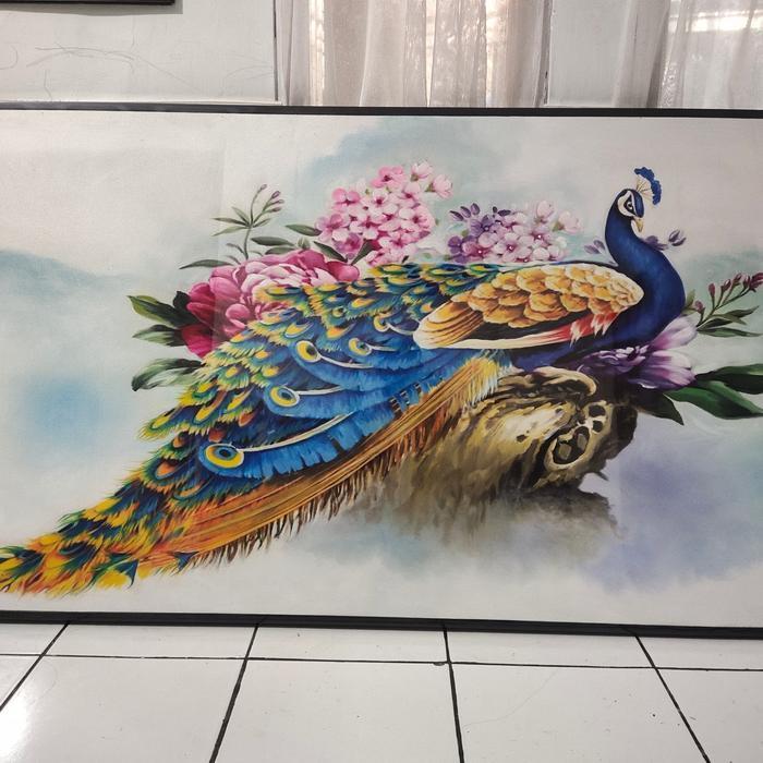 hiasan dinding ruang tamu lukisan jumbo burung merak includ frame