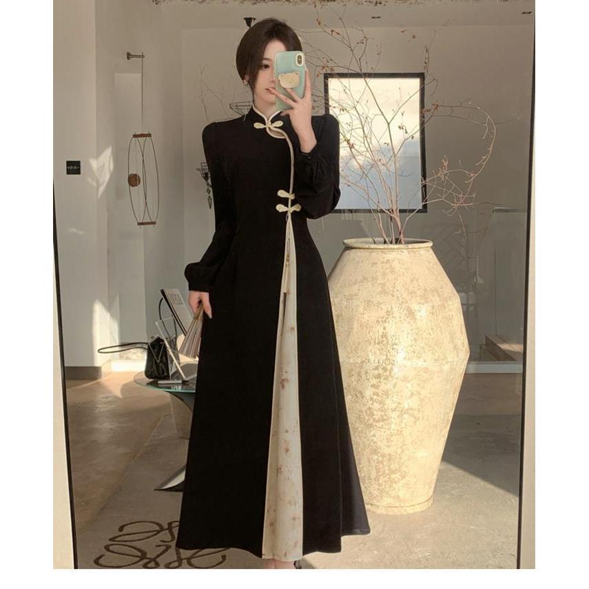 Bisa Cod - Elegant Oriental Dress - Sentuhan Cheongsam Modern Dress Cina Elegan - Dress Hitam Long D