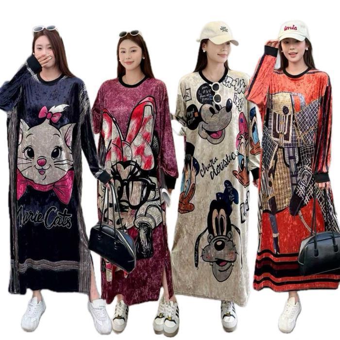 Bisa Cod - Long Dress Velvet Bludru Lengan Panjang Motif Jumbo Wanita