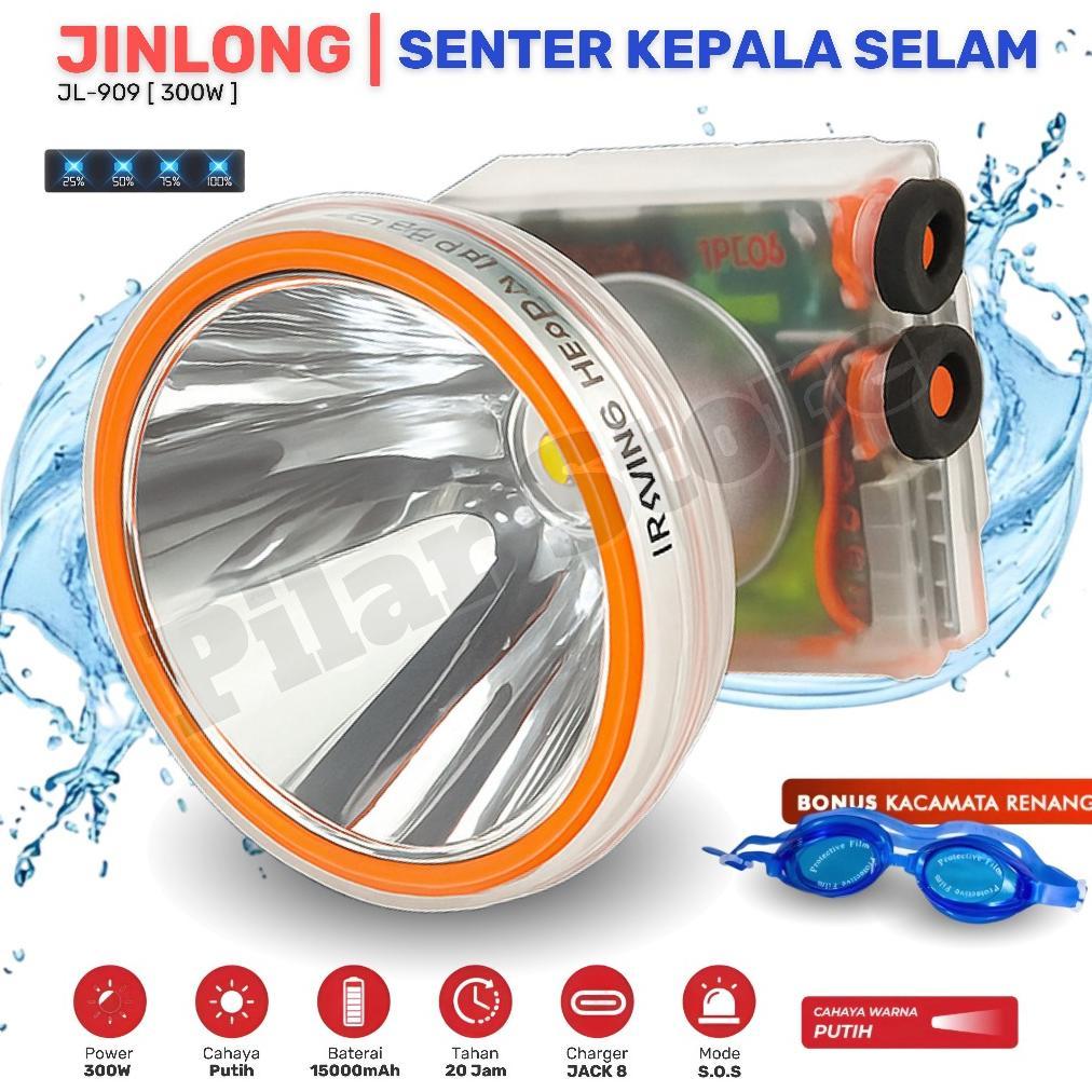 Senter Kepala Selam 300 Watt Jinlong JL-909 Super Terang Bonus Kacamata Renang Baterai 15000mAh Taha